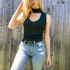 Express Forest Green Keyhole Mock-neck Tank